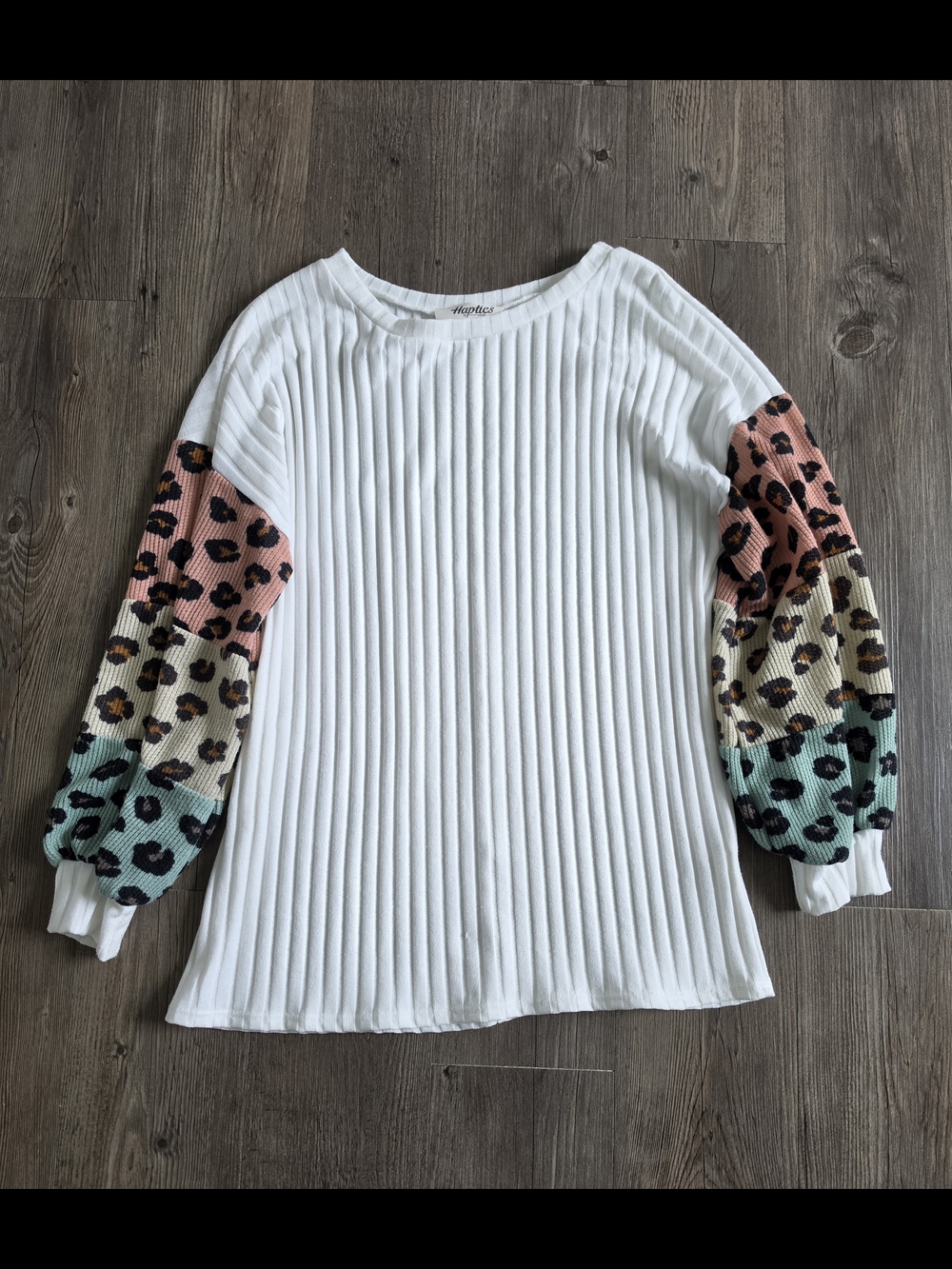 White Ribbed Long-Sleeve Top with Multicolor Leopard Sleeves